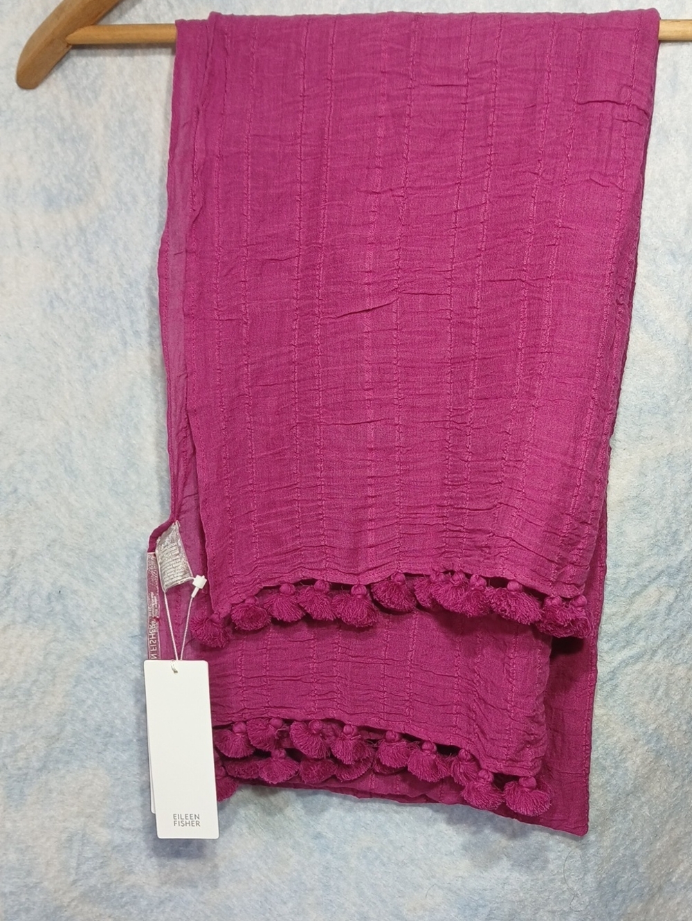 NWT Eileen Fisher Handloomed Magenta Organic Cotton Ikat Bands Scarf Pom Poms